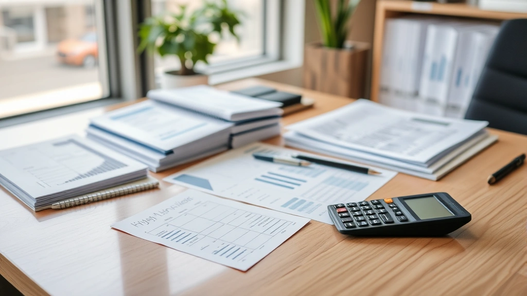 mtg land tax - 
Modern office desk with calculator, spreadsheet papers, and financial documents