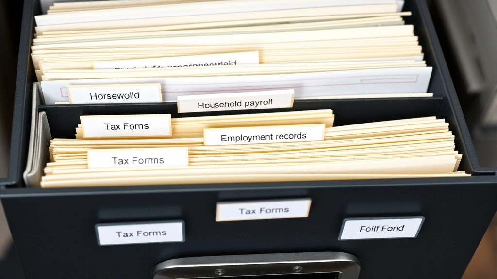 nanny tax calculator - 
Organized filing system with labeled folders for household payroll, tax forms, 