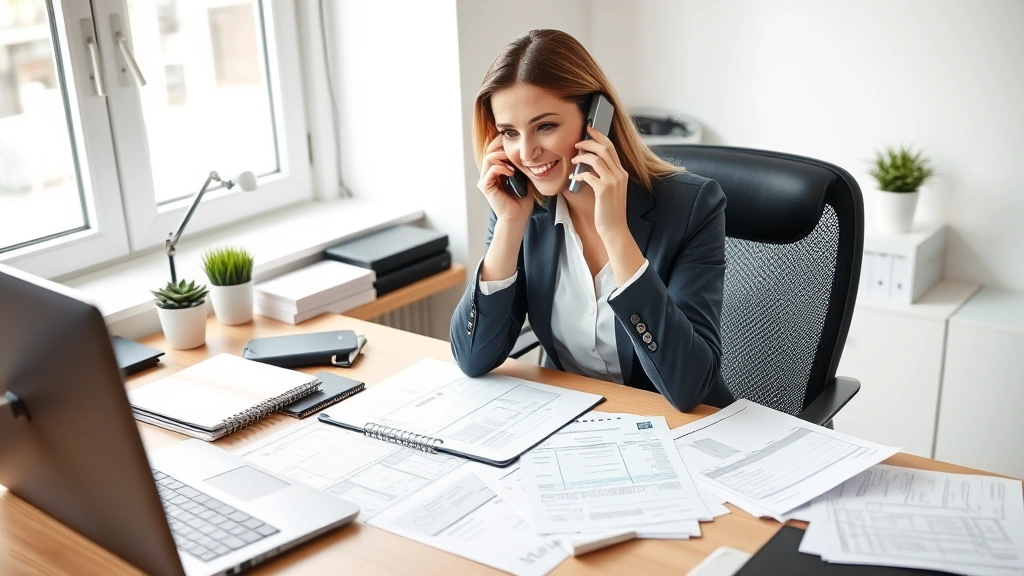 nearest tax office to 77511 -
Professional woman on phone call with tax documents spread on desk, organized w