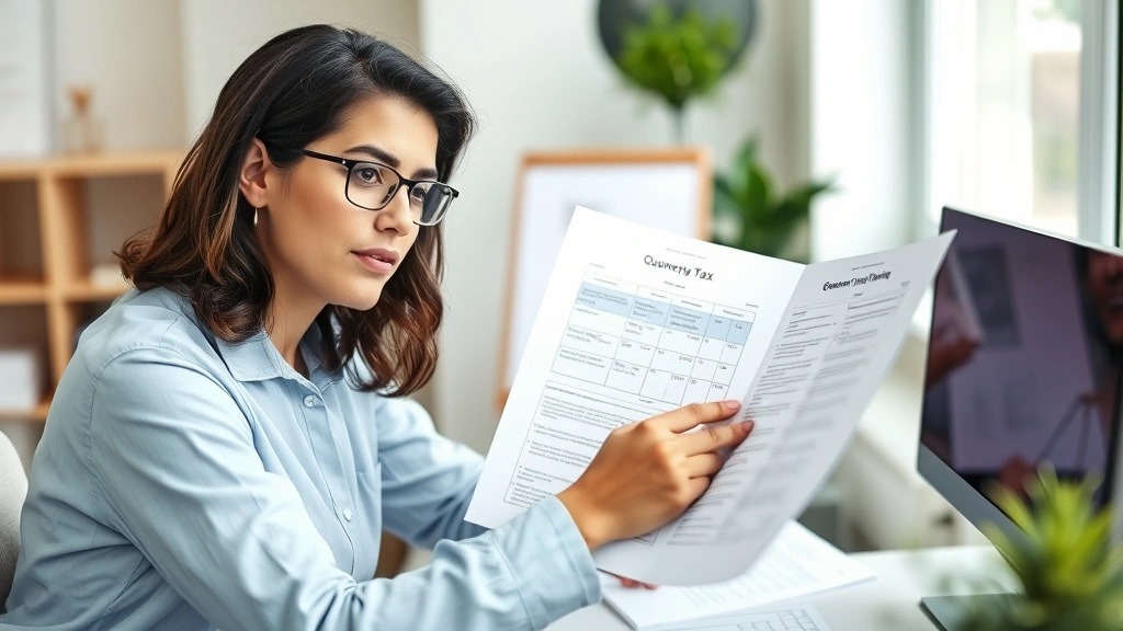 nfa tax - 
Person reviewing quarterly tax planning documents with a focused, confident exp