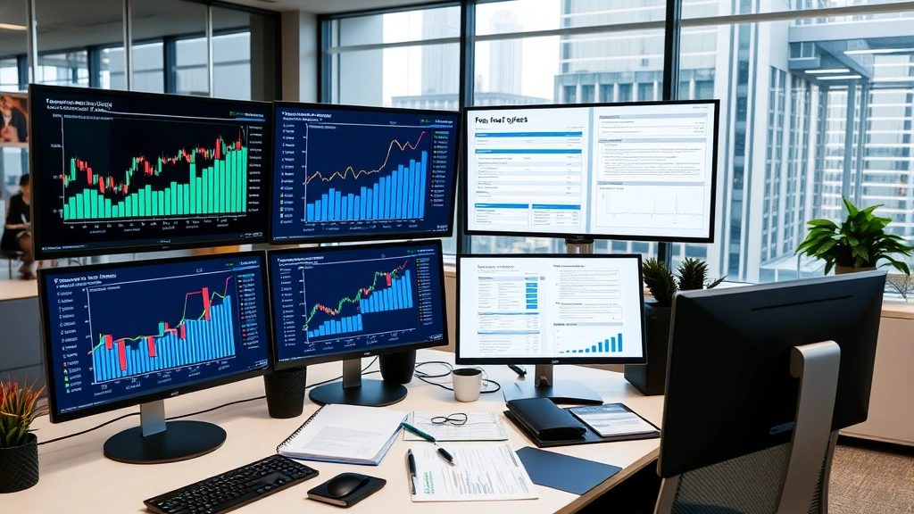 nfa tax - 
Modern office setting with multiple monitors showing financial charts, tax form