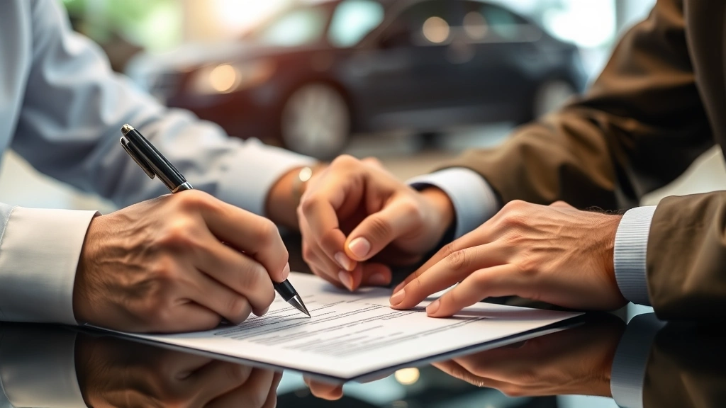 north carolina auto sales tax - 
Close-up of a person signing car sales contract with dealer, focused on paperwo