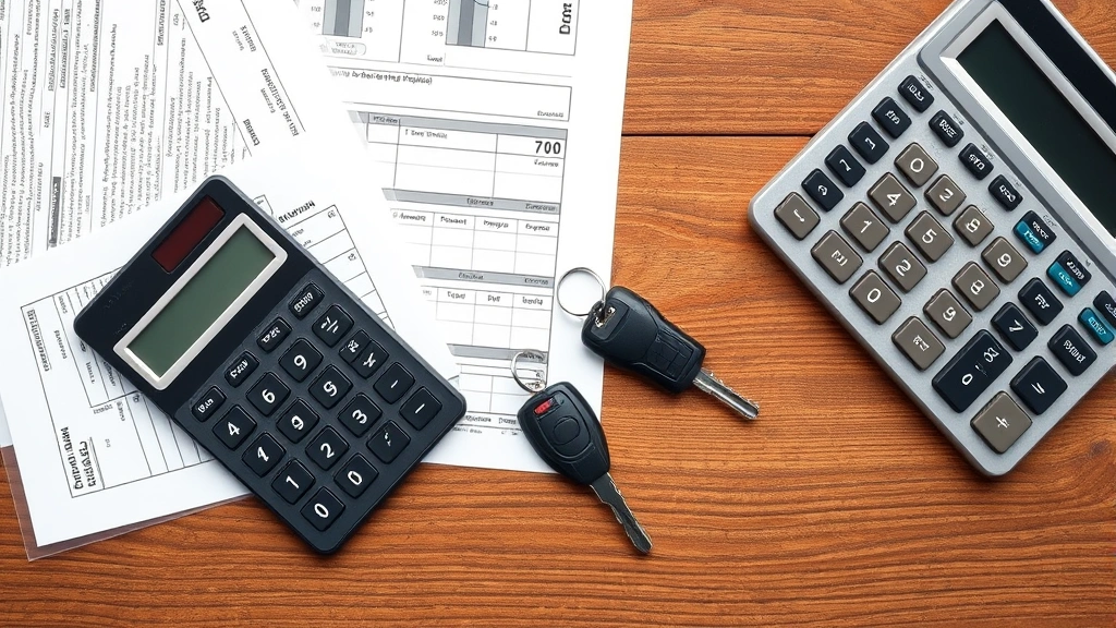 north carolina auto sales tax - 
Overhead shot of tax documents, calculator, and vehicle keys on wooden desk sur