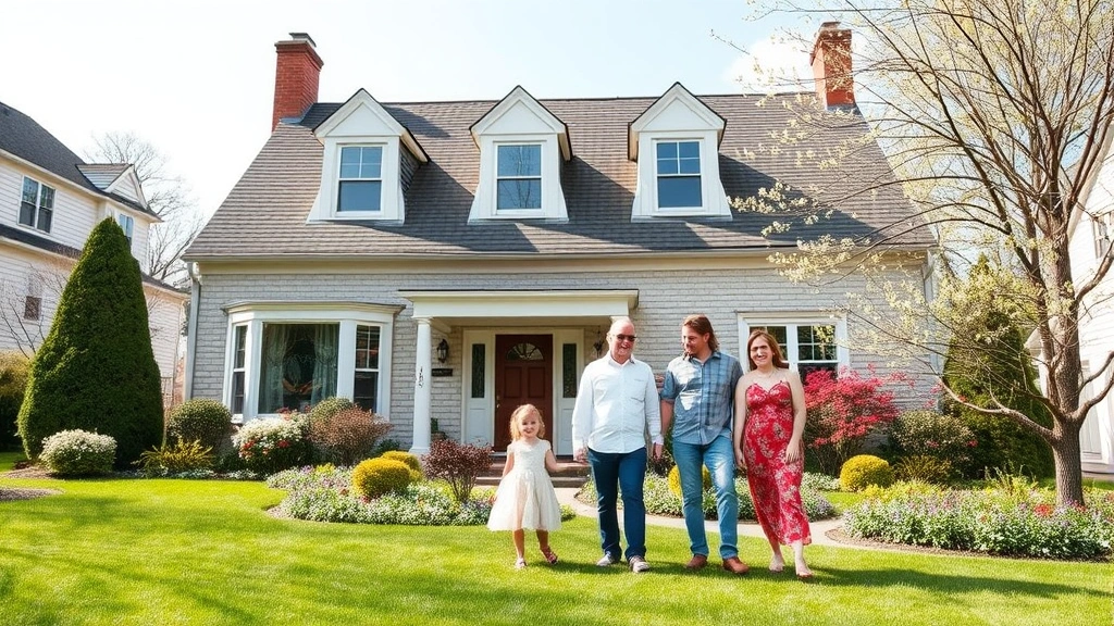 north hempstead taxes -
Suburban North Hempstead home exterior with family in front yard, spring settin