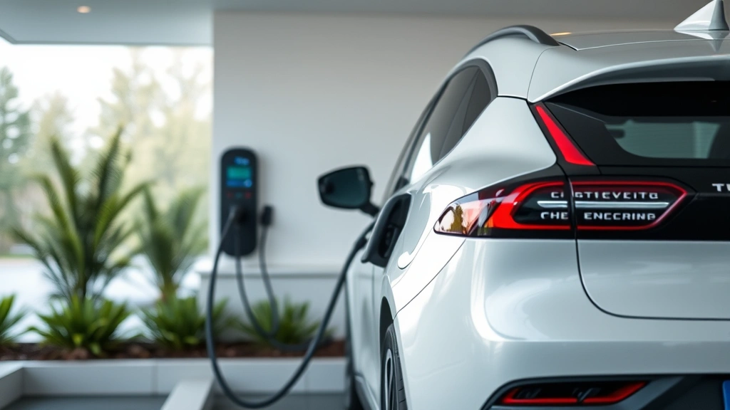 nvironmental tax in a green market. - 
Electric vehicle charging station with modern car plugged in, clean contemporar