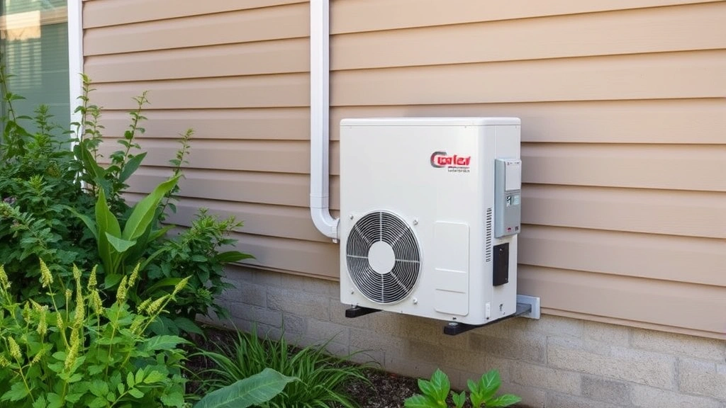 nvironmental tax in a green market. - 
Energy-efficient heat pump unit installed on exterior home wall with green land