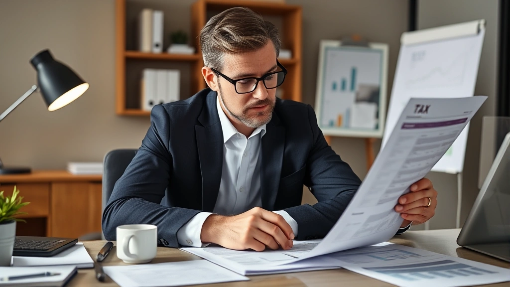 nvironmental tax in a green market. - 
Financial professional analyzing tax documents and spreadsheets at desk with co