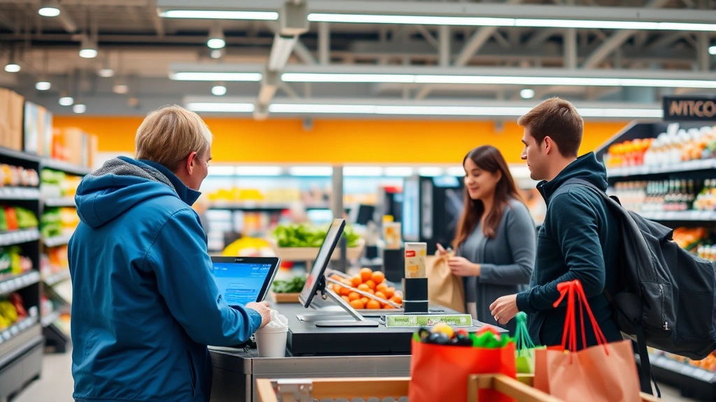 nyc food tax - 
Modern grocery store checkout counter with cashier and customer, bright retail 