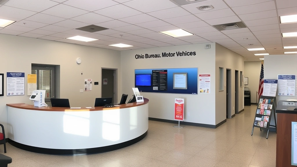 ohio auto sales tax - 
Ohio Bureau of Motor Vehicles office interior with registration counter and inf