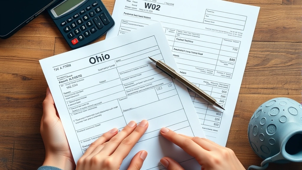 ohio rita tax - 
Close-up of hands holding Ohio tax documents and W-2 forms with calculator and 