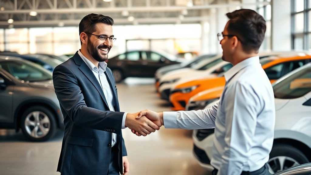 ohio sales tax on cars - 
Businessman shaking hands with car salesman in dealership showroom with vehicle