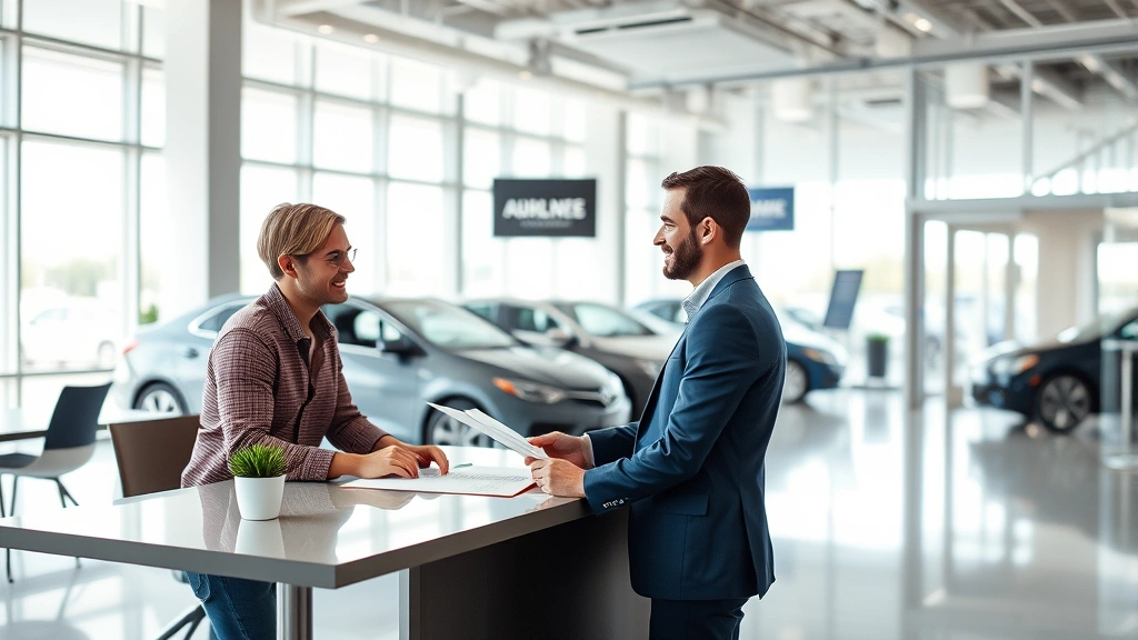 ohio sales tax on cars - 
Modern dealership interior with customer and salesman discussing paperwork at o