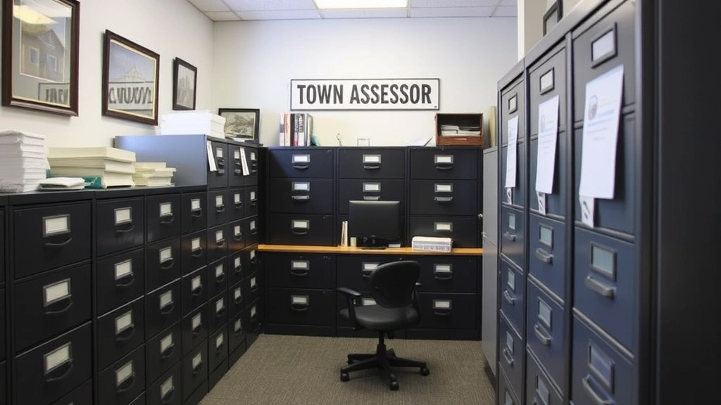 oswego county property tax - 
Town assessor office interior with filing cabinets and property records, profes