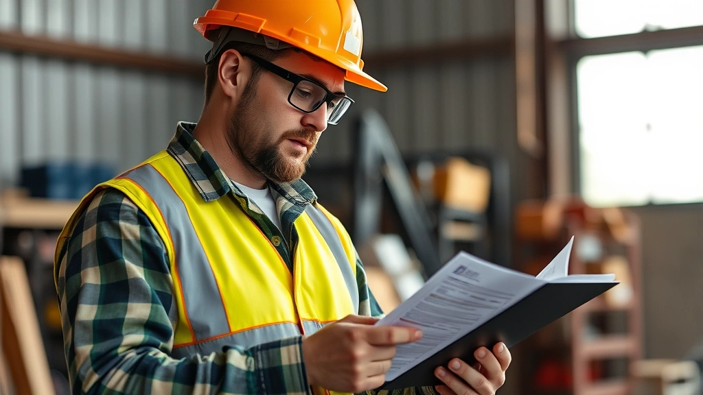 overtime tax deduction - 
Worker in safety gear (hard hat, protective equipment) reviewing work-related e