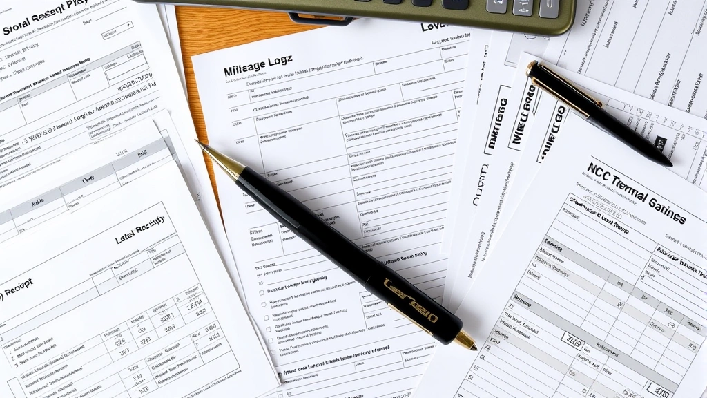 overtime tax deduction - 
Detailed overhead shot of tax forms, receipts, mileage log, and documentation s