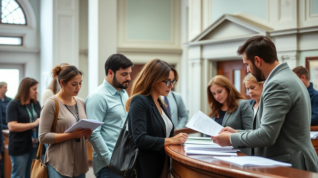 oyster bay taxes - 
Diverse group in town hall or government building reviewing assessment records 