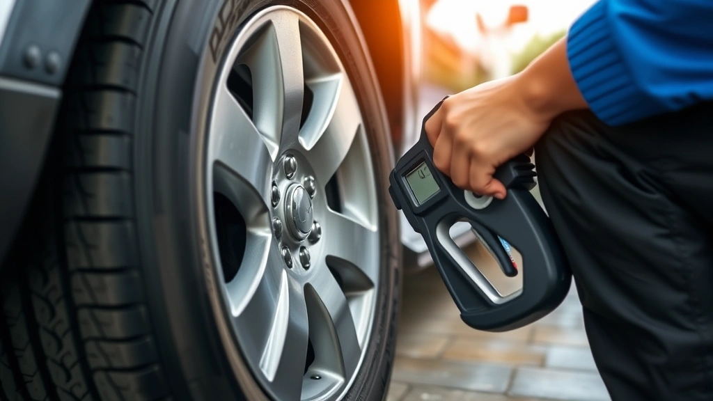 pa gas tax - 
Person checking vehicle tire pressure and performing maintenance to improve fue