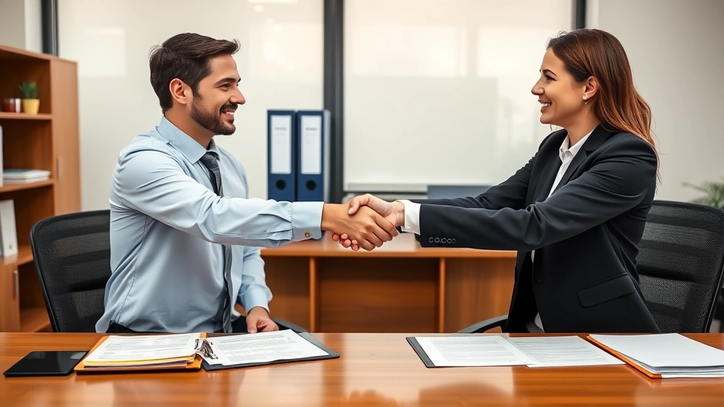 pay california state taxes online - 
Two professionals shaking hands across desk in office, tax forms and folders vi