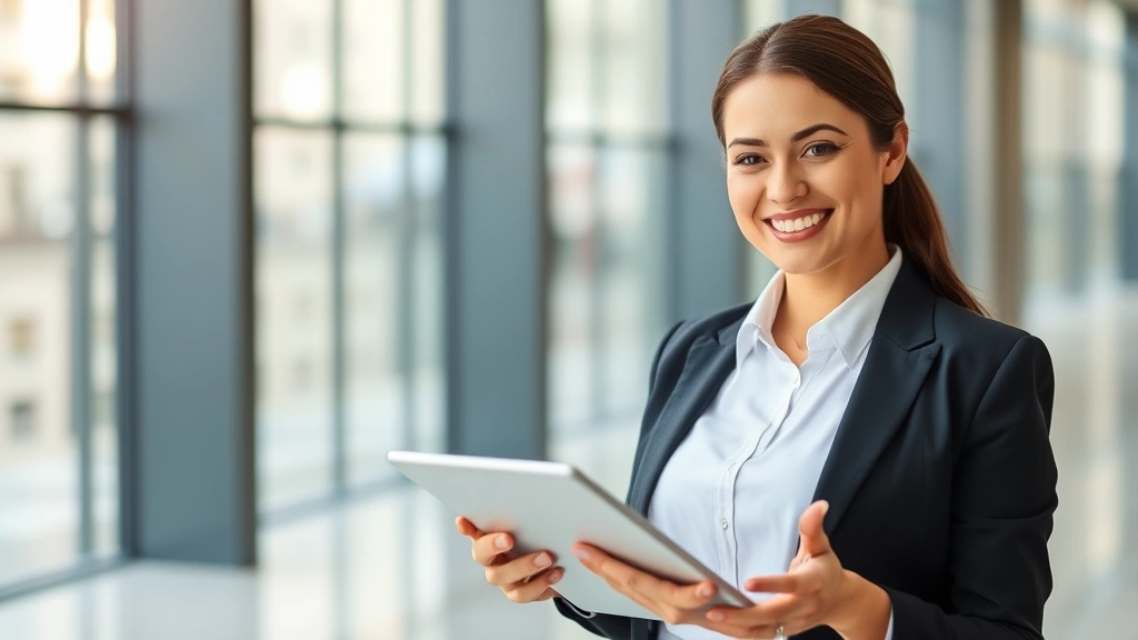 pay maryland income tax online - 
Smiling professional woman in business attire holding tablet showing online pay