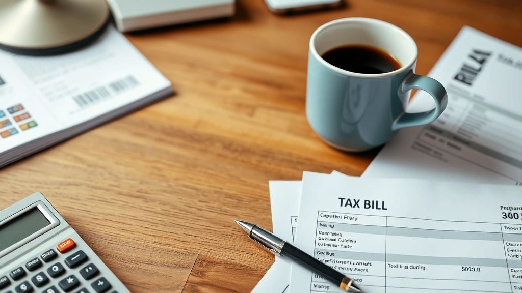 pay mass excise tax online - 
Calculator, pen, and tax bill documents organized on wooden desk with coffee cu