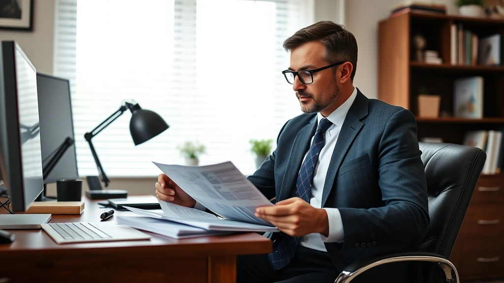 pay mass excise tax online - 
Businessman in suit reviewing vehicle registration and tax paperwork at home of