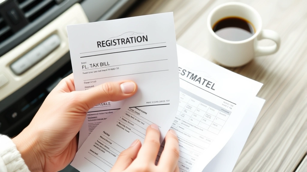personal property tax jackson county mo - 
Close-up of hands holding vehicle registration and tax bill paperwork with coff