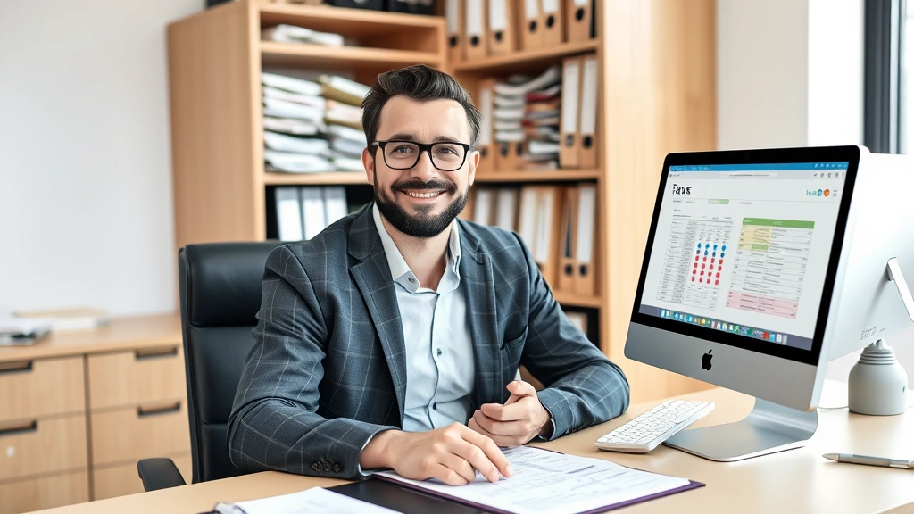 planet tax free -
Business owner in casual attire sitting at desk with organized filing system an