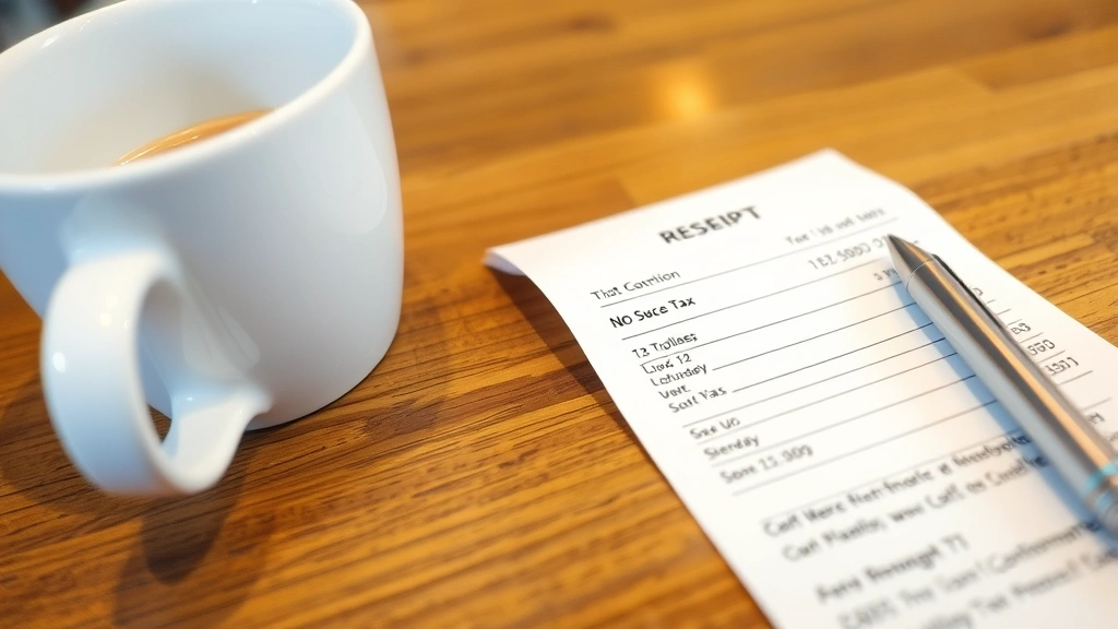 portland oregon sales tax - 
Close-up of receipt showing no sales tax line item, coffee cup and pen on woode