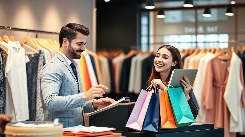 portland oregon sales tax - 
Business owner at cash register in retail clothing store with happy customer ho