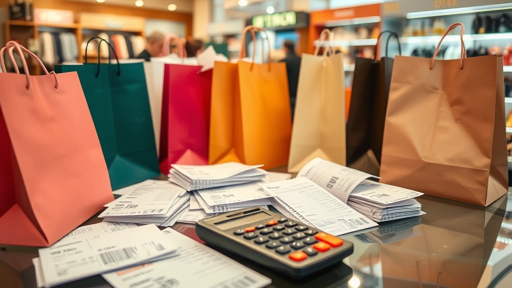 portland oregon sales tax - 
Shopping scene with multiple store bags and receipts spread on table, calculato