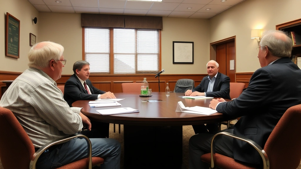 property tax protest alabama - 
Formal hearing room with assessor and homeowner discussing property assessment 