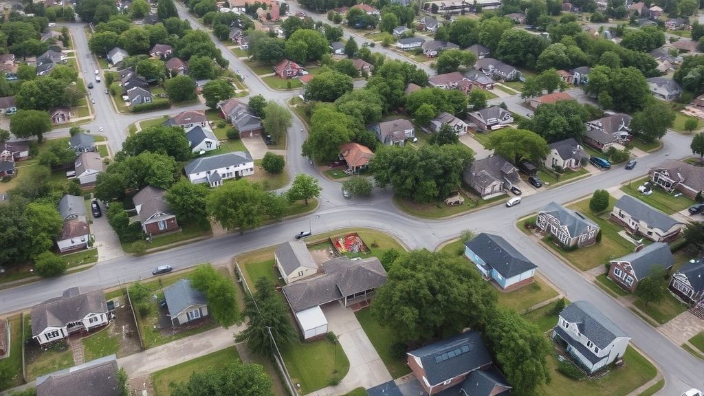 property tax protest alabama - 
Aerial view of suburban Alabama neighborhood with various residential propertie