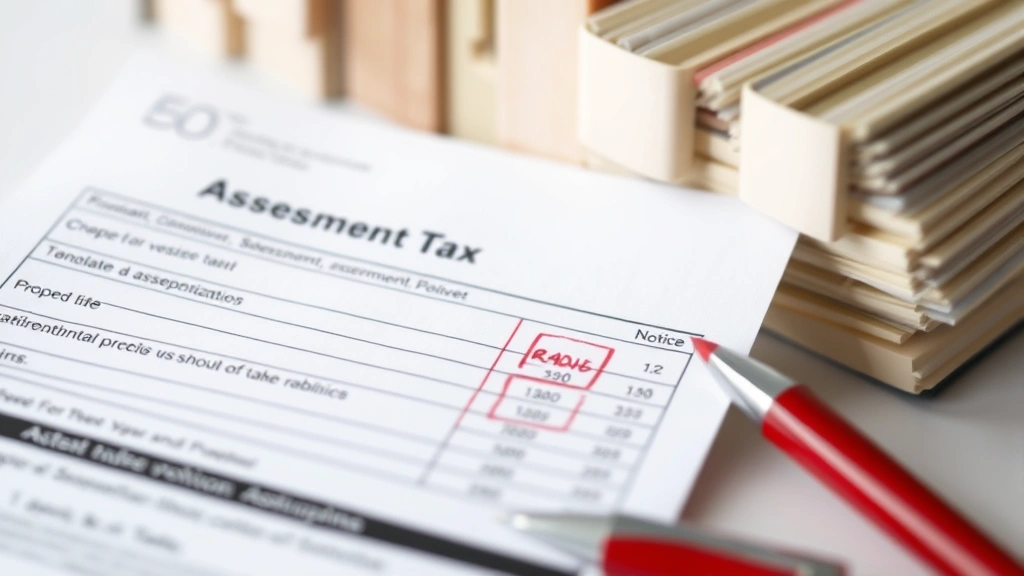 property tax relief nj - 
Close-up of property tax bill and assessment notice with red pen marking reduct