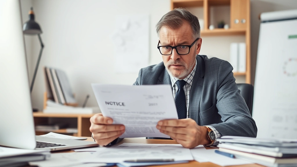revenge tax - 
Stressed business owner reviewing IRS notice letter at desk with worried expres
