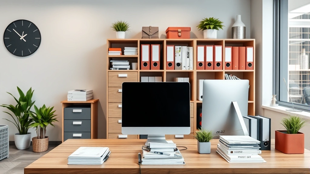 revenge tax - 
Modern office workspace with organized filing cabinet, computer, and financial 