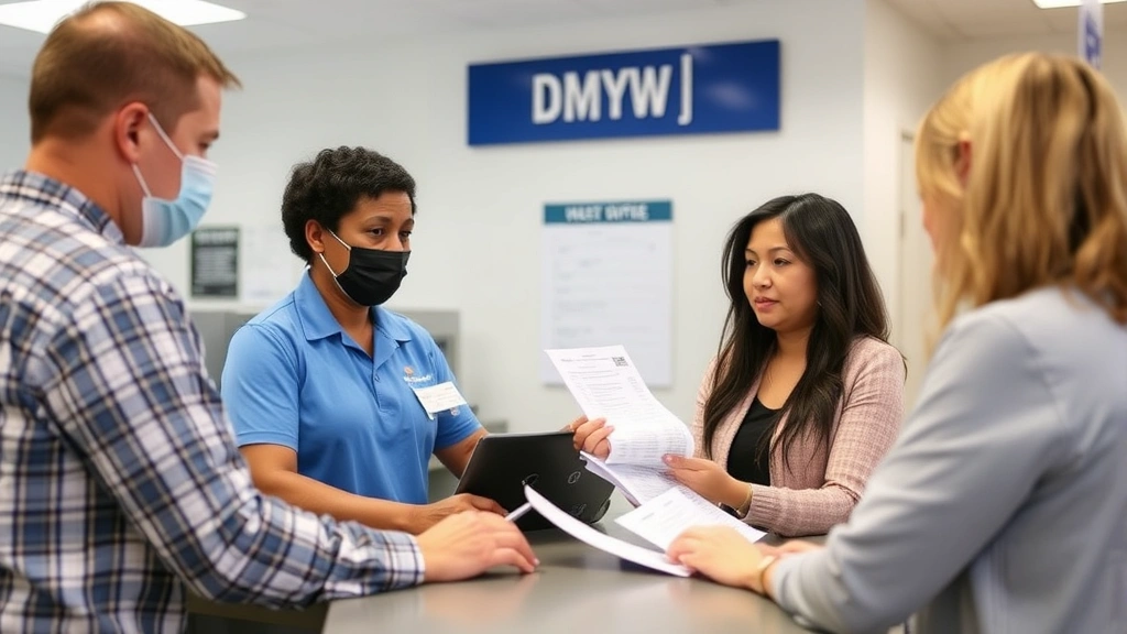 richland county car taxes - 
DMV office counter with customer service representative helping driver with reg