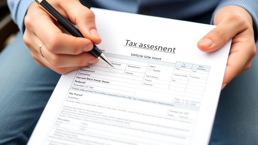 richland county vehicle tax -
Close-up of hands holding a vehicle title and tax assessment letter with pen re