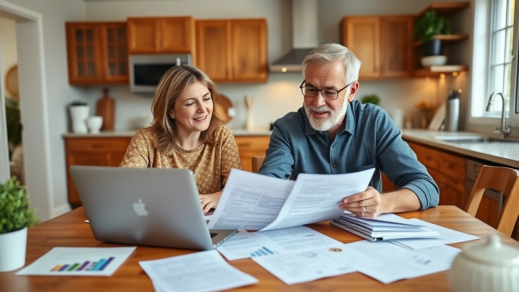 sac property tax - 
Senior couple reviewing financial documents together at kitchen table with lapt