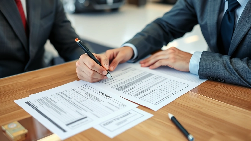 sacramento california sales tax - 
Person signing vehicle purchase agreement at dealership desk with financial doc
