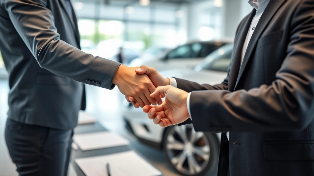 sales tax for cars in georgia - 
Close-up of car salesman and customer shaking hands at dealership with paperwor