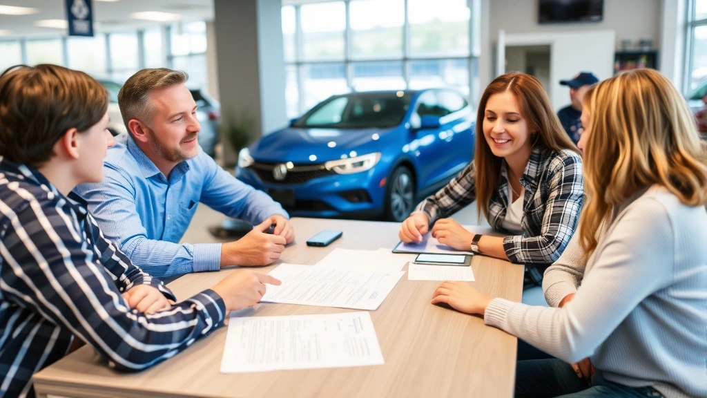 sales tax for cars in georgia - 
Family reviewing vehicle purchase agreement and sales tax breakdown at dealersh