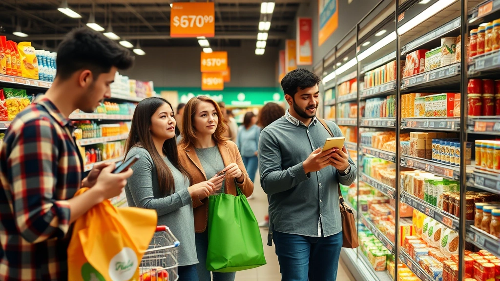 sales tax for tucson az - 
Diverse group of shoppers in grocery store examining product labels and prices
