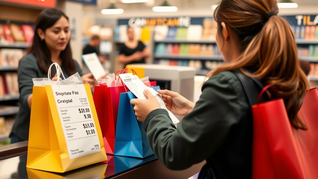 sales tax fremont -
Customer at checkout counter with shopping bags, receipt showing sales tax amou