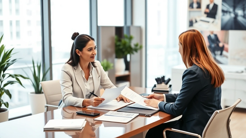 sales tax fresno ca - 
Modern office setting with tax professional explaining documents to client acro