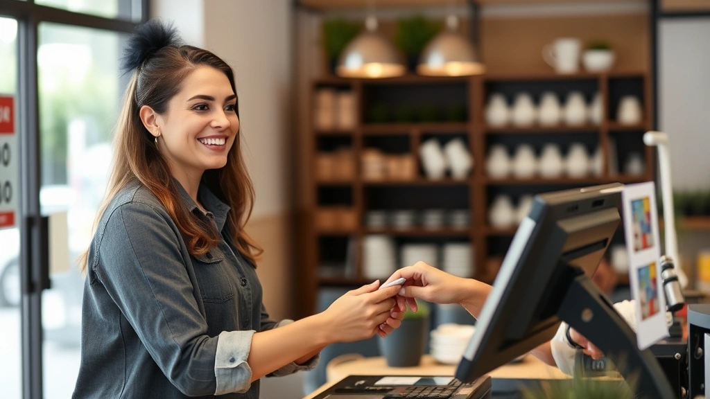 sales tax in irvine ca - 
smiling while processing customer transaction with POS system
