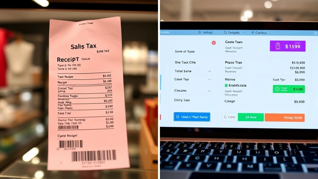 sales tax in irvine ca - 
Split-screen comparison of shopping receipt and online checkout showing sales t