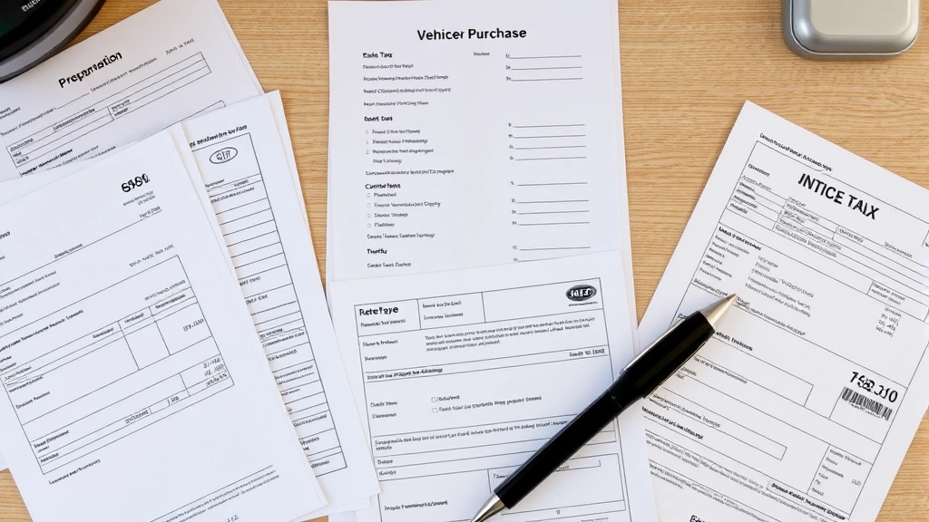 sales tax in missouri for vehicles - 
Overhead view of vehicle purchase paperwork, sales tax forms, and registration 