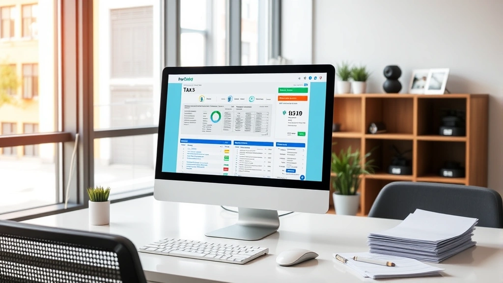 sales tax in santa clara - 
Modern office space with tax software displayed on computer monitor and tax for