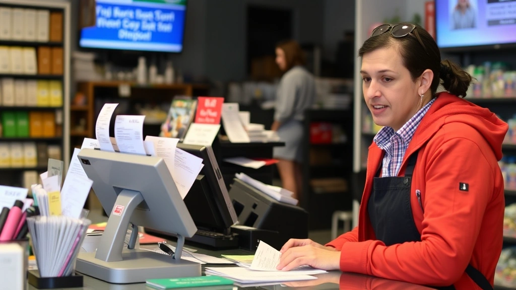 sales tax in sf - 
Business owner at a retail counter in San Francisco with register, receipts, an