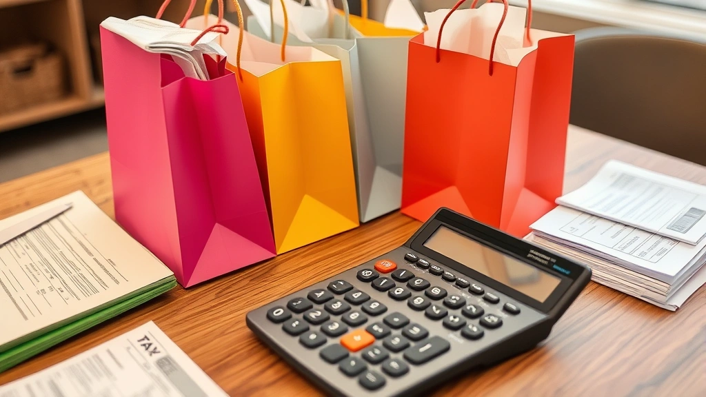 sales tax nevada reno - 
Shopping bags and receipts spread on table with calculator showing tax calculat